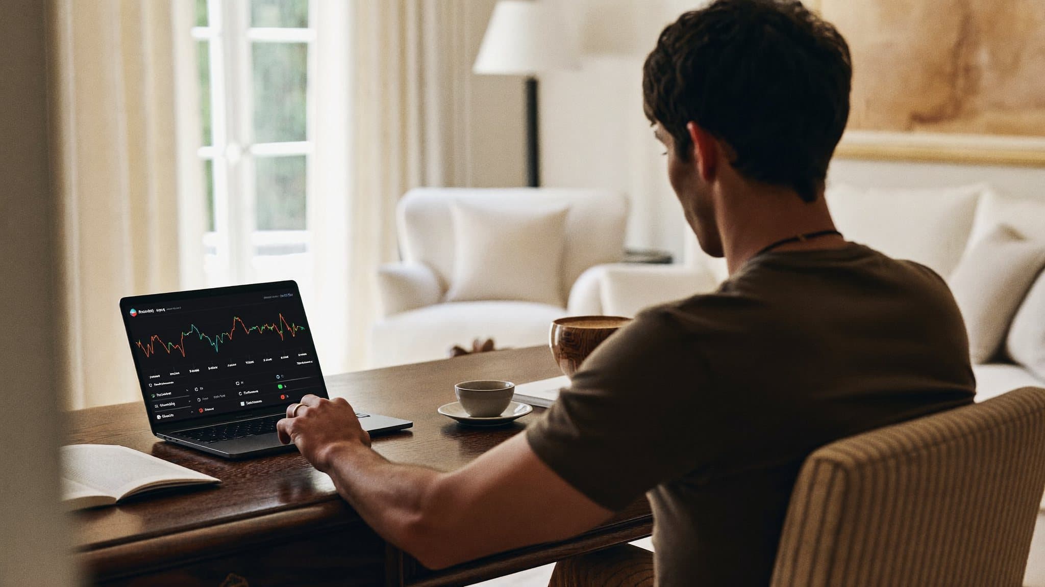 Un investisseur consulte son espace personnel depuis chez lui, à distance