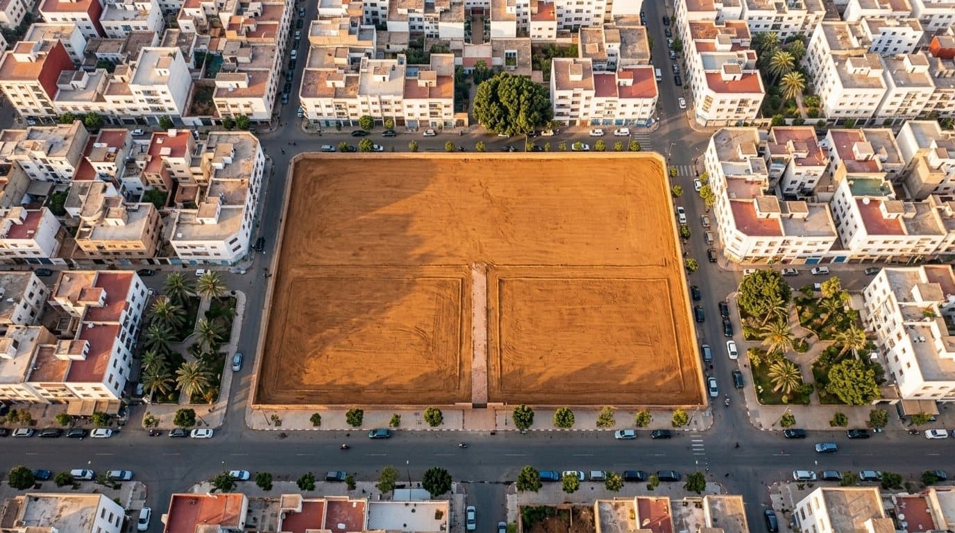 Vue aérienne d’une parcelle libre au cœur d’un quartier de Casablanca — un foncier en devenir